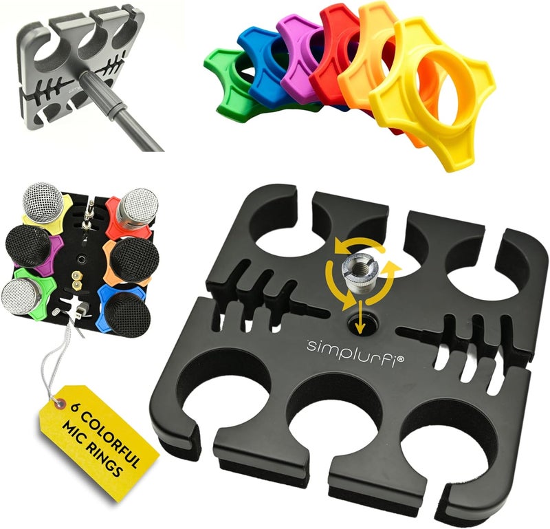 Simplurfi Multi Microphone Holder Cable Hanger & Organizer for Mic Stand - Square Tray Attachment holds up to 6 mics On Stage Organizer and Display - 6 Anti-roll Rings Included - Image 1